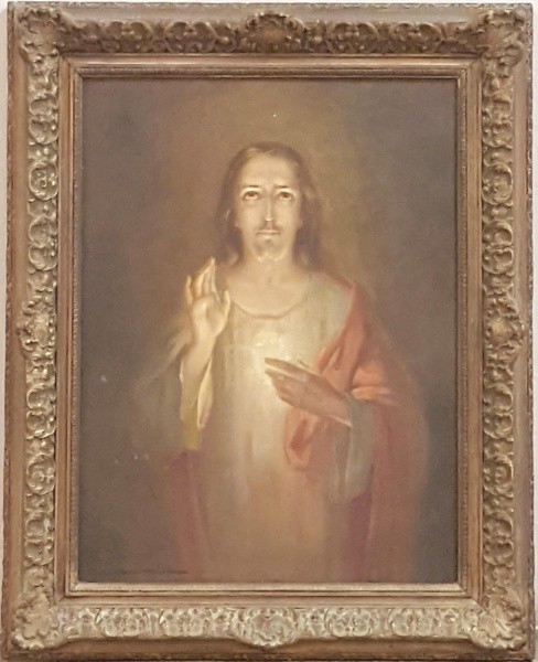 Carlos Oswald - Óleo sobre tela, representando Sagrado Coração de Jesus, com belíssima moldura origi