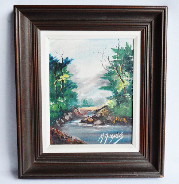 MARIA AUGUSTA - Quadro óleo sobre tela, paisagem com rio. Medida da tela 23x18cm. Medida do quadro 3