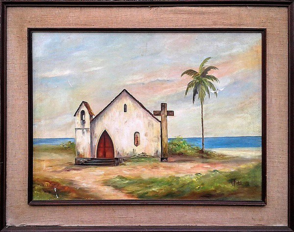 L. Bahri, Marina com igreja. o.s.t. - 81 X 62 cm - acid - (moldura, 100 X 80 cm - paspatur de linh