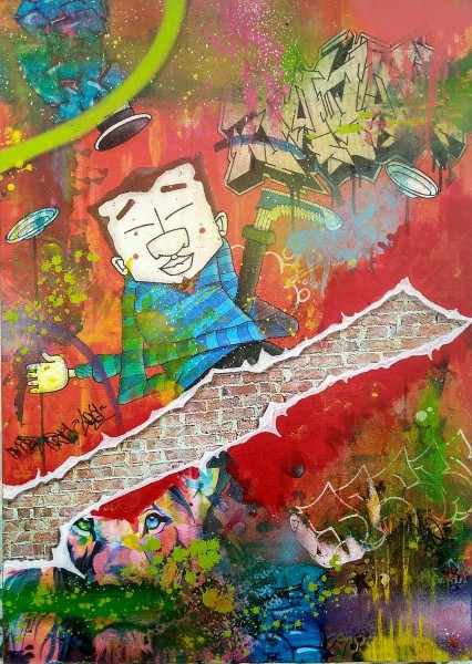 Japão Arts - ASS/.F.E.V - 2015 - Mundo da mídia - Colagem, spray e marcador. 70 x 50