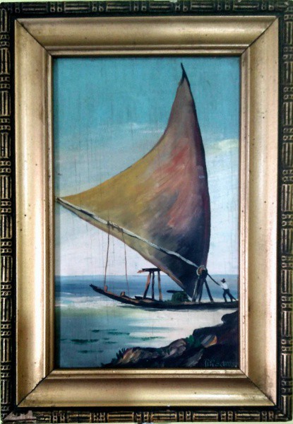 R. Restivo - Par - Jangada e Praia - o.s.m. - 21 X 14 cm - acid - (moldura, 25 X 18 cm).