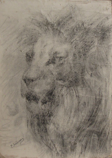 PEDRO AMÉRICO, carvão em papel colado em madeira. "Leão", medindo: 63,5 x 45 cm. A.c.i.e - S