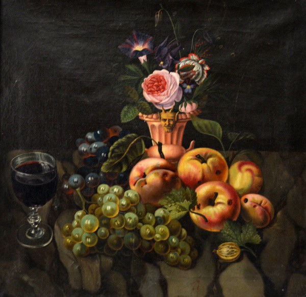 ESCOLA EUROPÉIA - `Composição com flores e frutas`. OST. Séc. XIX. 29 X 30 cm.
