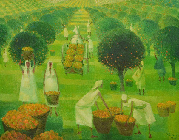 Enrico Bianco. Roma, 1918  Rio de Janeiro, 2013.Coletores de laranja. OSE.  Assinado e datado 1978.