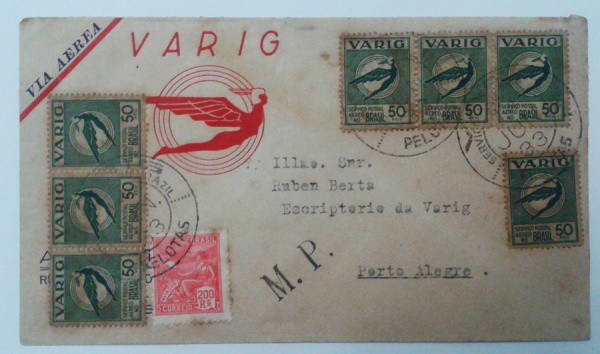 BRASIL - ENVELOPE VARIG CIRCULADO NO BRASIL EM JULHO DE 1933 COM BELOS SELOS E CARIMBOS TEMA AVIAÇÃO