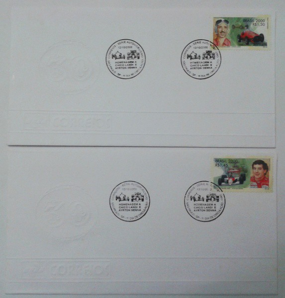 BRASIL - 02 BELOS ENVELOPES DE 1º DIA DE CIRCULAÇÃO COM CHICO LANDI E AYRTON SENNA COM CARIMBOS COME