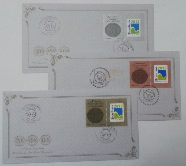 BRASIL - 03 BELOS ENVELOPES COMEMORATIVOS LANÇADOS NA BRASILIANA 2013 COM BELOS CARIMBOS COMEMORATIV