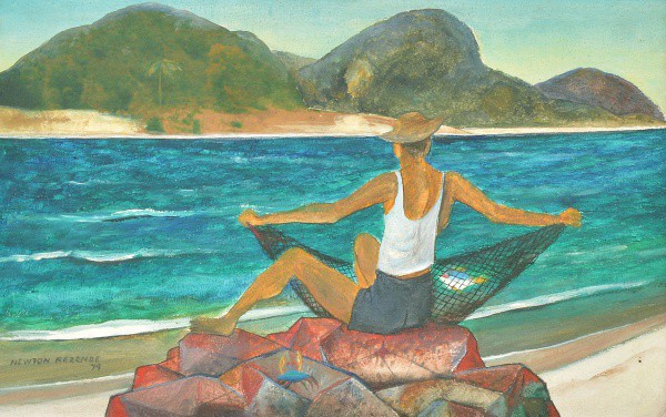 Newton Rezende. Pescador com Tarrafa, sentado em Pedra à Beira Mar. OST. Assinado e datado 74. 26