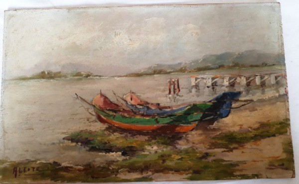 ARMANDO LEITE - ÓLEO SOBRE EUCATEX.  "ILHA DO GOVERNADOR" MARINHA. MEDINDO 21 X  34 cm