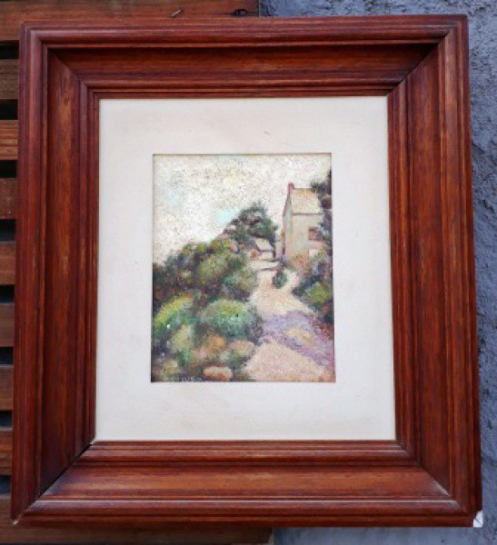 C.MATOSO - QUADRO ÓLEO SOBRE TELA. PAISAGEM COM CASARIO. MEDINDO A TELA 18 X  22 cm e a moldura 45,5