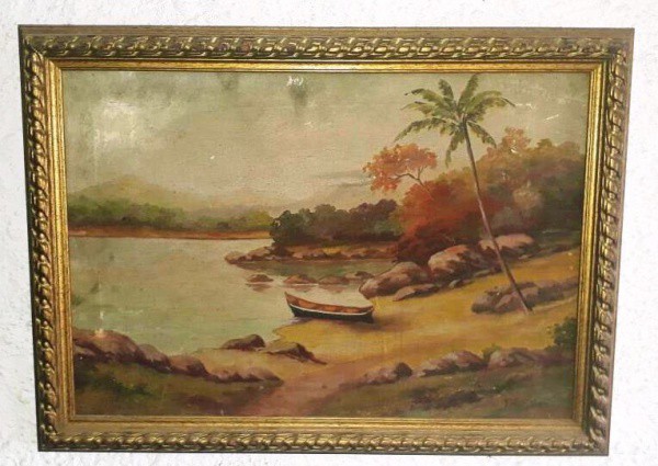F. GEISLER -  ÓLEO SOBRE TELA, "Cena Campestre", TELA 53,5 X 36,5 CM E A MOLDURA 63 x 46 cm