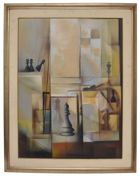 Millan. `Composição`. OST, acie e datado 84. 91 x 70 cm. Etiqueta de identificação de patrimônio da