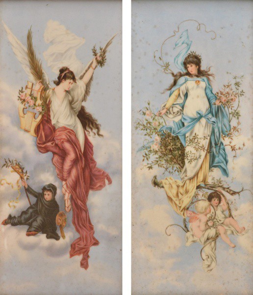 Autoria não identificada. Par de placas de pinturas sobre porcelana com representações de alegorias.
