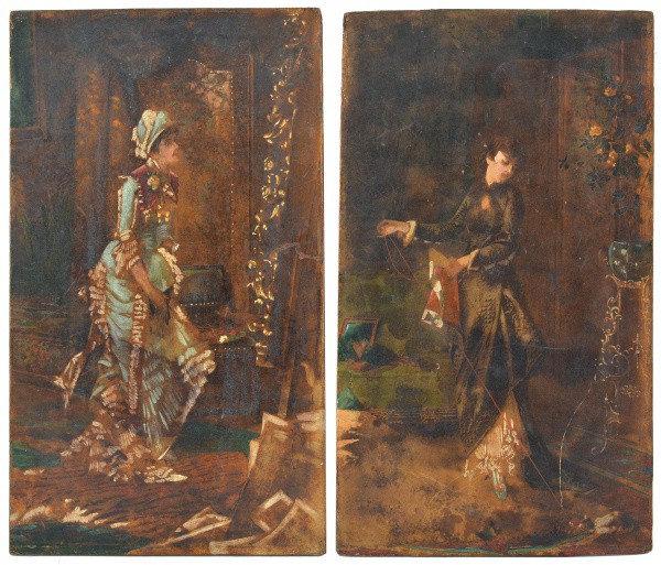 Escola Européia. Século XIX. Par. `Damas`. OSC. 38 x 22 cm.