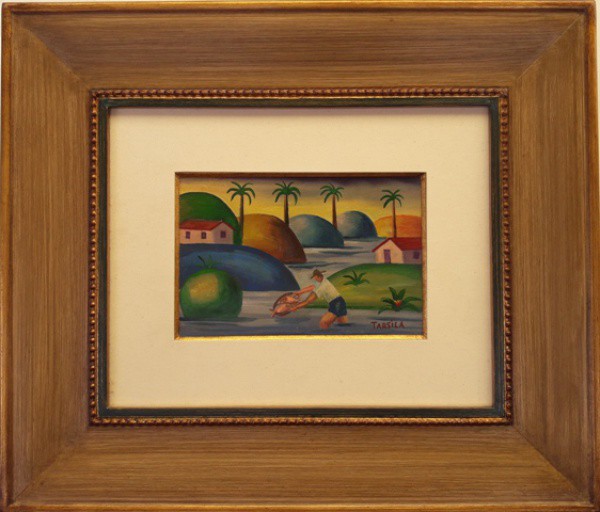 Tarsila, pesca, óleo sobre cartão colado em placa, 15 X 22 cm, assinado no canto inferior direito Ob
