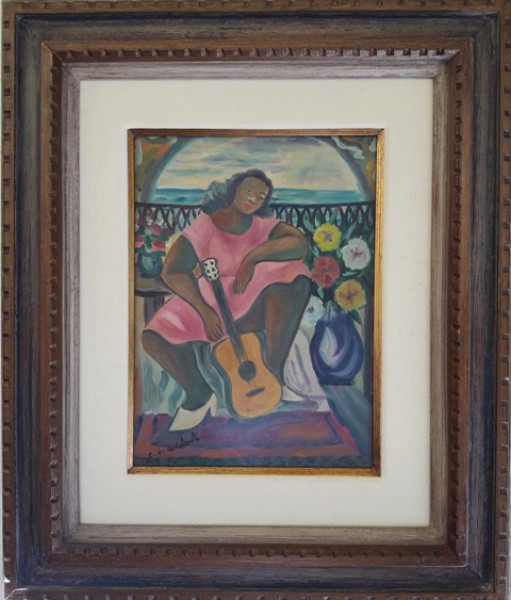 Di Cavalcanti, mulata com violino, óleo sobre cartão colando em placa, 31 X 22 cm, assinado no canto