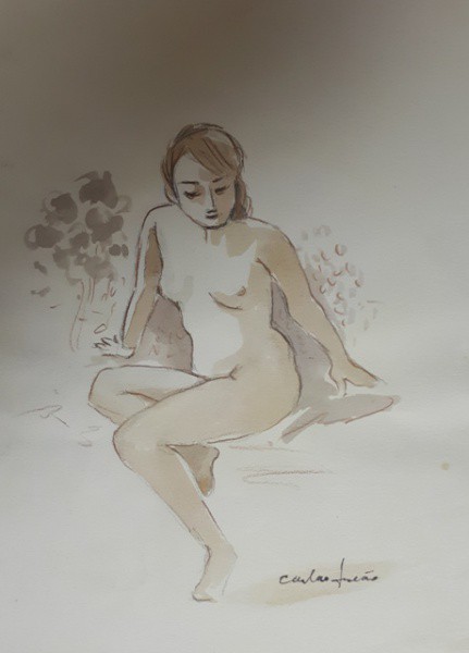 Carlos Leão, nu feminino, técnica mista sobre cartão, 24 X 18 cm, assinado no canto inferior direito