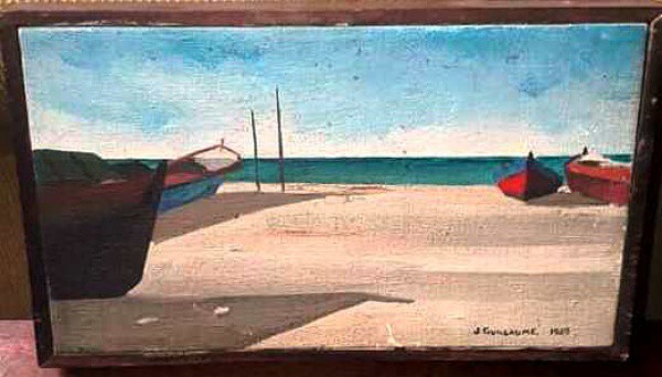JEAN GUILHAUME - ÓLEO SOBRE TELA,  "MARINHA"  MEDINDO 14 X 24  CM