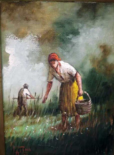 LATINI -  QUADRO ÓLEO SOBRE TELA, "COLHEITA".MEDINDO 21 X 15,5