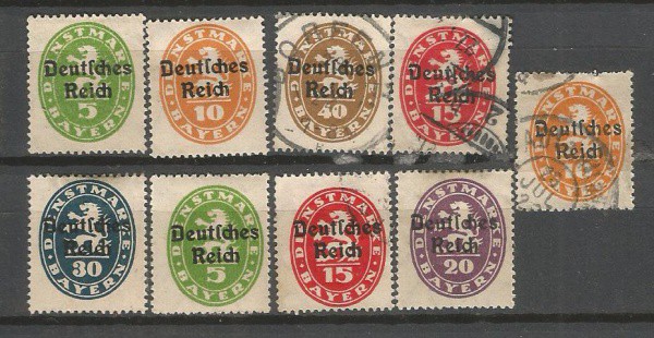 Filatelia : Selos Alemanha Bayern Dienstmarke  com sobrecarga Deutsches Reich, circa de 1920. Excel