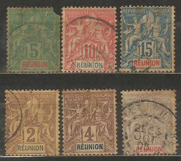 Filatelia: Selos Clássicos Ilhas Reunião, colonia Francesa ,  1892-1905. Bem conservados.