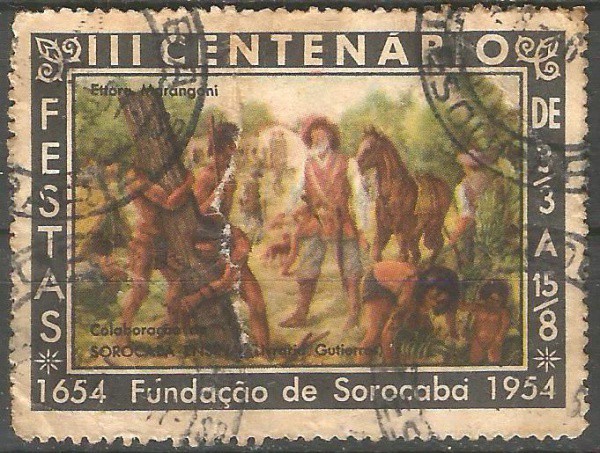 Cinderela filatélicas comemorativa ao III Centenário da Cidade de Sorocaba, 1654 / 1954. Traz imagen