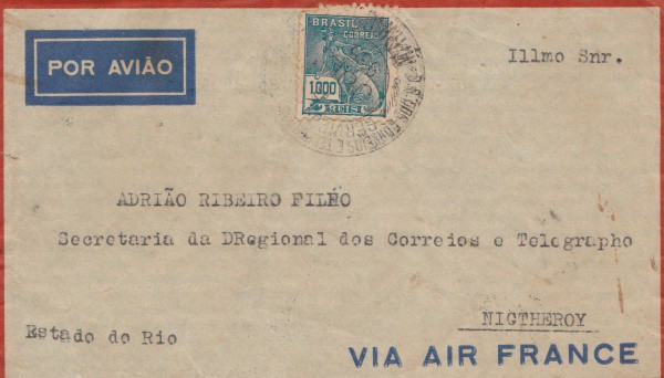 Filatelia: Envelope Aéreo Via Air France. Circulado em 1935 para Manaos - Amazonas. Preserva selos e