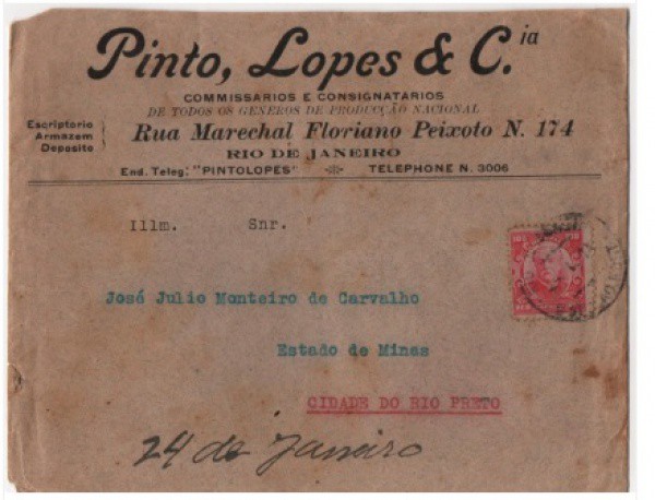 Filatelia: Envelope Comercial de Pinto Lopes & Cia - Circulado - RJ - MG .MBC