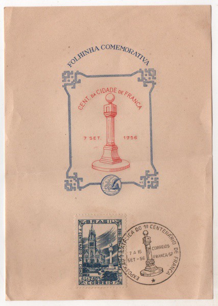 Filatelia: Folhinha Comemorativa - Centenário da Cidade de França - Setembro de 1956. MBC