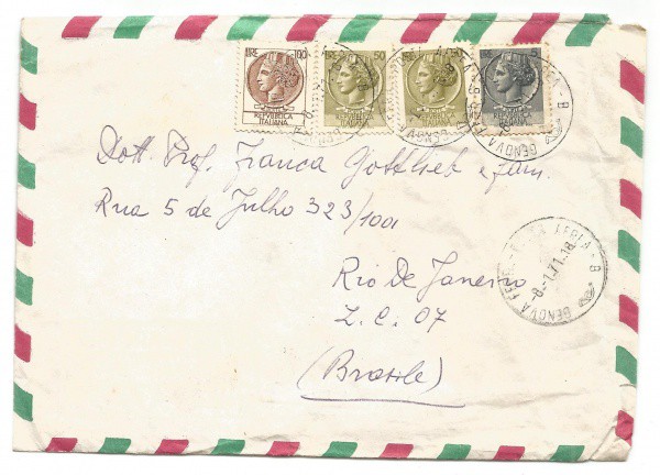 Envelope com (4) Selos Italianos circulados para o Brasil. Bem conservado.