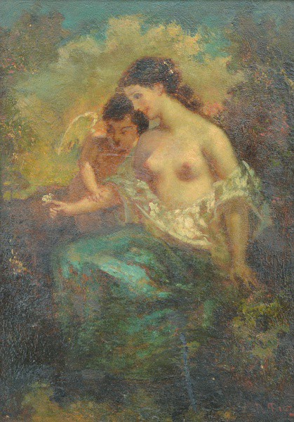 Narcisse  Virgile Diaz de la Pena. (Espanha, 1807-1876). "Jovem e Cupido". OSM. Assinado n.