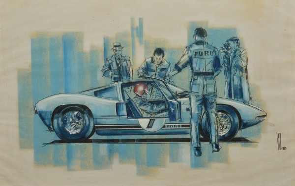 Walter Brito. Ford. Pit Stop. Aquarela. Assinada e datada 65. Moldurada. 30 x 46 cm.