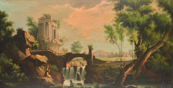 Pierre Patel (atribuído). 1648-1707. Paisagem com Personagens, Queda dÁgua. Antiga Edificação e Ri
