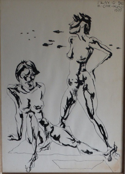 FLÁVIO DE CARVALHO. Duas mulheres - nanquim - 69 x 49 cm m- assinado e datado 1972 no csd.