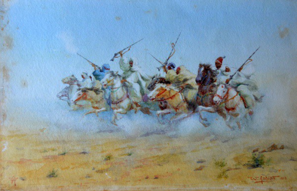 ASHTON WILL (1881-1963) Batalha. Aquarela s/ papel. Ass. e datado 1913, cid. 16 x 24 cm.