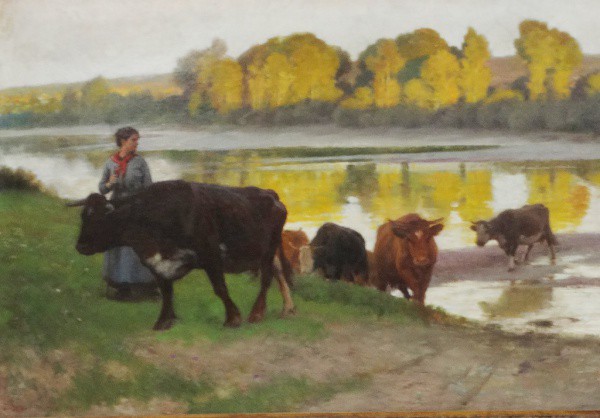ÉDOUARD DEBAT PONSAN. Paisagem campestre com animais - o.s.t. - 92 x 66 cm - assinado e datado 1911