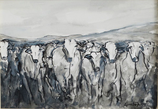 RICARDO AUGUSTO. Boiada - téc. mista - 20 x 28,5 cm - assinado e datado 2016 no cid.