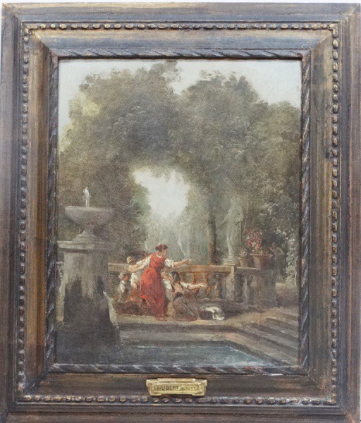 ROBERT HUBER (Atribuido). Escola européia, jardim com personagem - o.s.t. - 40 x 32 cm - sem assinat
