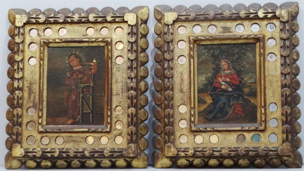 Par de quadros, estilo cusquenho - Nossa Senhora com Menino Jesus e Sant'Ana - o.s.t. - 22 x 16