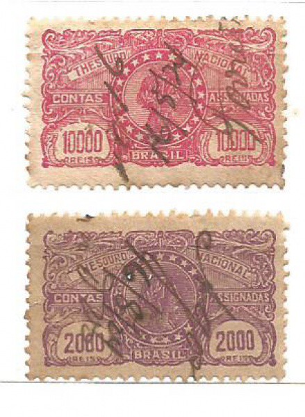 Filatelia: Selos Thesouro Nacional 2000 e 10000 Reis. Ótimo estado.