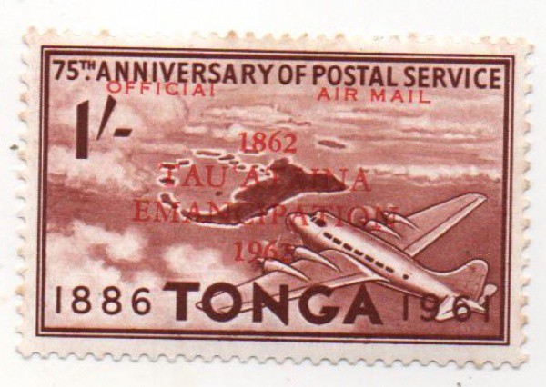 Filatelia: Selo Aéreo Comemorativo TONGA - 75 Aniversário do Serviço Postal. Com sobrecarga. MBC