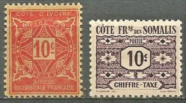 Filatelia : Selos Protetorados Franceses: (2), Costa do Marfim e  Somalilândia . Muito bem conservad