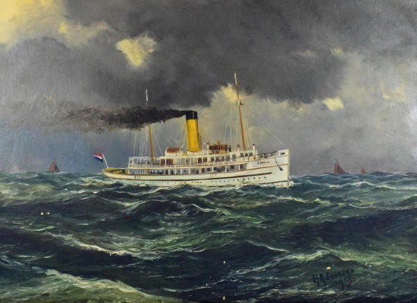 H A JAARIMA (Alemanha, 1924), "Sem título", Óleo sobre grosso cartonado. Marinha com barcos
