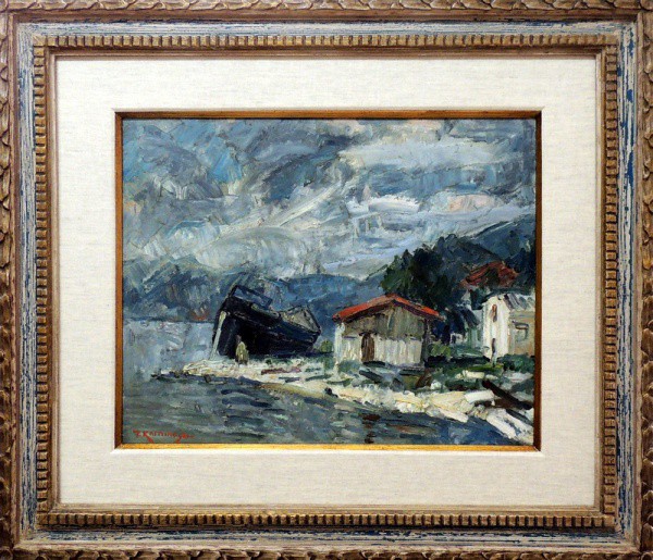T. Kaminagai, Marinha com Casario e Barco - óleo sobre madeira - med. 40 x 50 cm