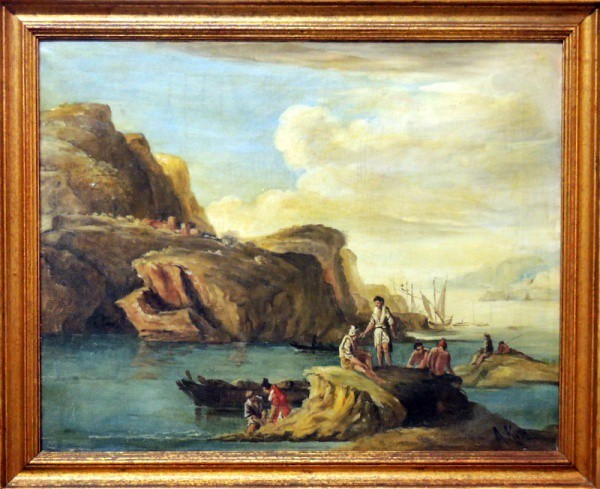 A. Keil, Marinha com Barcos, Encosta e 8 Figuras) - óleo sobre tela - med. 40 x 50 cm