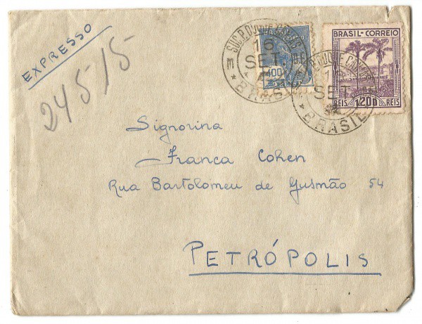 Envelope Expresso com porte de 1600 Reis. Circulado em Petrópolis. Bem conservado.