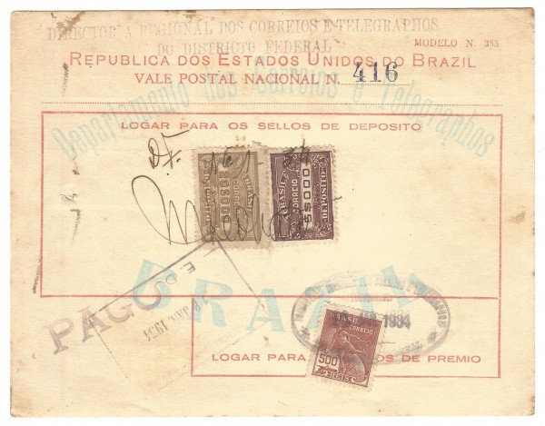 Vale Postal com (2) Selos Deposito, 18 de janeiro de 1934. Bem conservado.