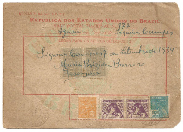 Vale Postal com (6) Selos, 14 de setembro de 1934. Bem conservado.