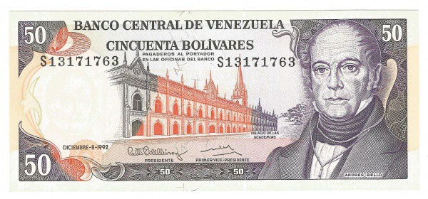 Numismática: Cédula da Venezuela, 1992. Valor 20 Bolivares. Flor de Estampa.