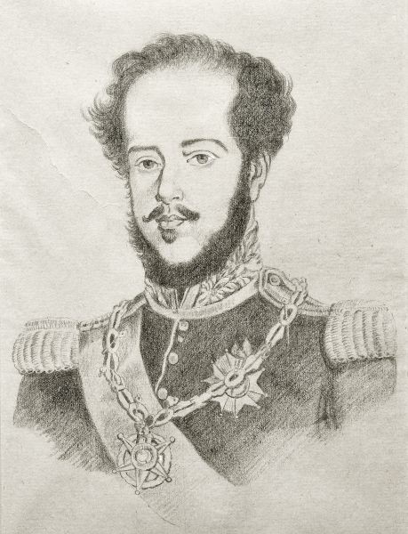 S.M.I. D. Pedro I. Elaborado desenho a lápis. Busto ¾ voltado à esquerda, olhando à frente. O Impera